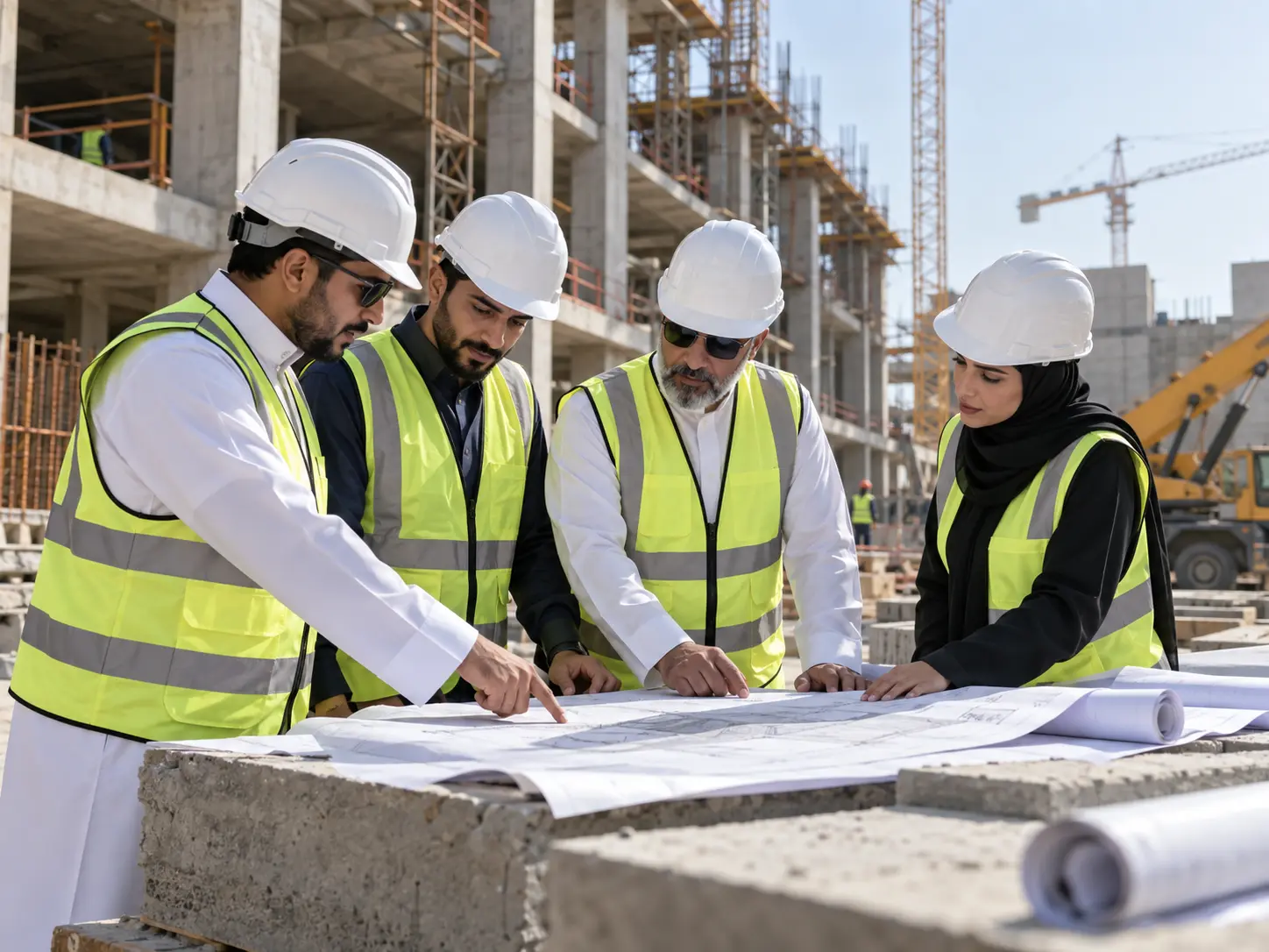 Construction engineers reviewing project plans on site